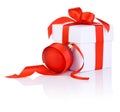 White boxs with a red ribbon and christmas ball Royalty Free Stock Photo