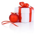 White boxs tied with a red satin ribbon bow and christmas ball Royalty Free Stock Photo