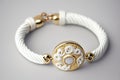 white bracelet with delicate gold details and charm