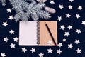 Blue background stars christmas tree branch white bump notebook letters symbols 2019 decoration top view greeting card