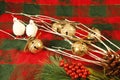 White branches, evergreen branch, gold jingle bells, two doves, red berries, CHRISTMAS decorations Royalty Free Stock Photo