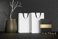 White branding paper shopping bag with handles and luxury black box Mock Up. Premium white package for purchases mockup Royalty Free Stock Photo