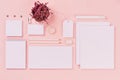 White branding stationery, mock up scene on light soft pastel pink background, blank objects for placing your design. Royalty Free Stock Photo