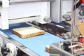 white bread in blue conveyor line for processing Royalty Free Stock Photo