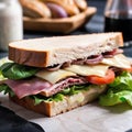 White bread sandwich with boiled pork, cheese, tomato and lettuce. Realistic Photo Royalty Free Stock Photo