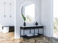 White brick bathroom corner, black tub Royalty Free Stock Photo