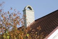 White brick chimney on the brown roof of the house