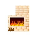 White brick home fireplace with burning fire and place for wood Royalty Free Stock Photo