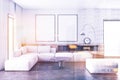 White brick living room, white sofa, posters toned Royalty Free Stock Photo