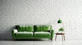 White brick wall background, green sofa and home object. Generative AI Royalty Free Stock Photo