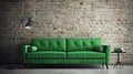 White brick wall background, green sofa and home object. Generative AI Royalty Free Stock Photo