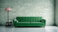 White brick wall background, green sofa and home object. Generative AI Royalty Free Stock Photo