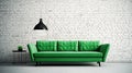 White brick wall background, green sofa and home object. Generative AI Royalty Free Stock Photo