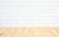 White brick wall background with perspective light wood, slightly blurry wood foreground Royalty Free Stock Photo