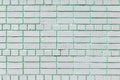 White brick wall with green stitches, rustic texture, design vertical background Royalty Free Stock Photo