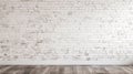 white brick wall panorama background and texture with wooden floor, generative AI Royalty Free Stock Photo