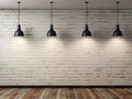 white brick wall with two lamps hanging over wooden flor Royalty Free Stock Photo