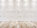 WHITE BRICK WALL AND WOODEN FLOOR Royalty Free Stock Photo