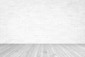 White brick wall with wooden floor textured background in light grey color Royalty Free Stock Photo