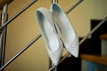 White bride shoes on the stairs, close-up Royalty Free Stock Photo