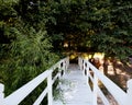 White bridge to a walking path in the trees