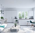 White Bright Clean Classic Modern Interior Living Room And Kithchen Island Big Windows Natural Sun Light Green Pot Plants, Large