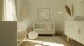 a white and bright nursery room, featuring a cozy rug that adds warmth and comfort to the space, the airy and inviting Royalty Free Stock Photo