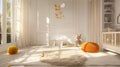 a white and bright nursery room, featuring a cozy rug that adds warmth and comfort to the space, the airy and inviting Royalty Free Stock Photo