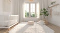 a white and bright nursery room, featuring a cozy rug that adds warmth and comfort to the space, the airy and inviting Royalty Free Stock Photo