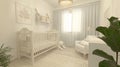 a white and bright nursery room, featuring a cozy rug that adds warmth and comfort to the space, the airy and inviting Royalty Free Stock Photo
