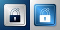 White Broken or cracked lock icon isolated on blue and grey background. Unlock sign. Silver and blue square button Royalty Free Stock Photo