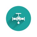 White Broken metal pipe with leaking water icon isolated with long shadow. Green circle button. Vector