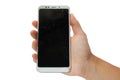 White broken   phone in male hand on white background. battered, screen sensor  isolate Royalty Free Stock Photo