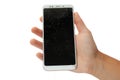 White broken   phone in male hand on white background. battered, screen sensor  isolate Royalty Free Stock Photo