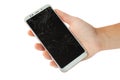 White broken   phone in male hand on white background. battered, screen sensor  isolate Royalty Free Stock Photo