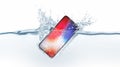 White broken smartphone mock up fall in water, 3d rendering