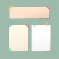 White, brown blank note, notebook, copybook sheets stuck with colorful sticky tape on squared green background Royalty Free Stock Photo