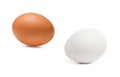 White and brown chicken eggs on a white isolated background. Close-up.