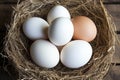 White and brown chicken eggs in straw nest Royalty Free Stock Photo