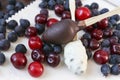 White and brown chocolate candy and berries