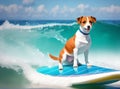 White and brown dog surfing on a surfboard wearing sunglasses on the sea with big waves in sunny day, Generative AI Royalty Free Stock Photo