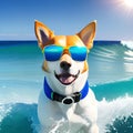 White and brown dog surfing on a surfboard wearing sunglasses on the sea with big waves in sunny day, Generative AI Royalty Free Stock Photo