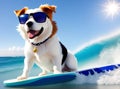 White and brown dog surfing on a surfboard wearing sunglasses on the sea with big waves in sunny day, Generative AI Royalty Free Stock Photo