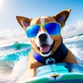 White and brown dog surfing on a surfboard wearing sunglasses on the sea with big waves in sunny day, Generative AI Royalty Free Stock Photo