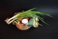 White and brown eggs and a bunch of green onions on a checkered napkin in a bowl on a black background Royalty Free Stock Photo