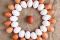 White and brown eggs are lying in circle with one red egg in center on canvas. Royalty Free Stock Photo