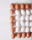 White and brown eggs in the shape of a rectangle on a white background.