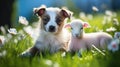 White-brown puppy with little cute sheep lying together on the green grass. Royalty Free Stock Photo