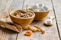 White and brown sugar for cooking sweets on kitchen wooden table Royalty Free Stock Photo