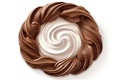 a white and brown swirl in the center of a circle of chocolate and white swirls on a white background, with a soft shadow